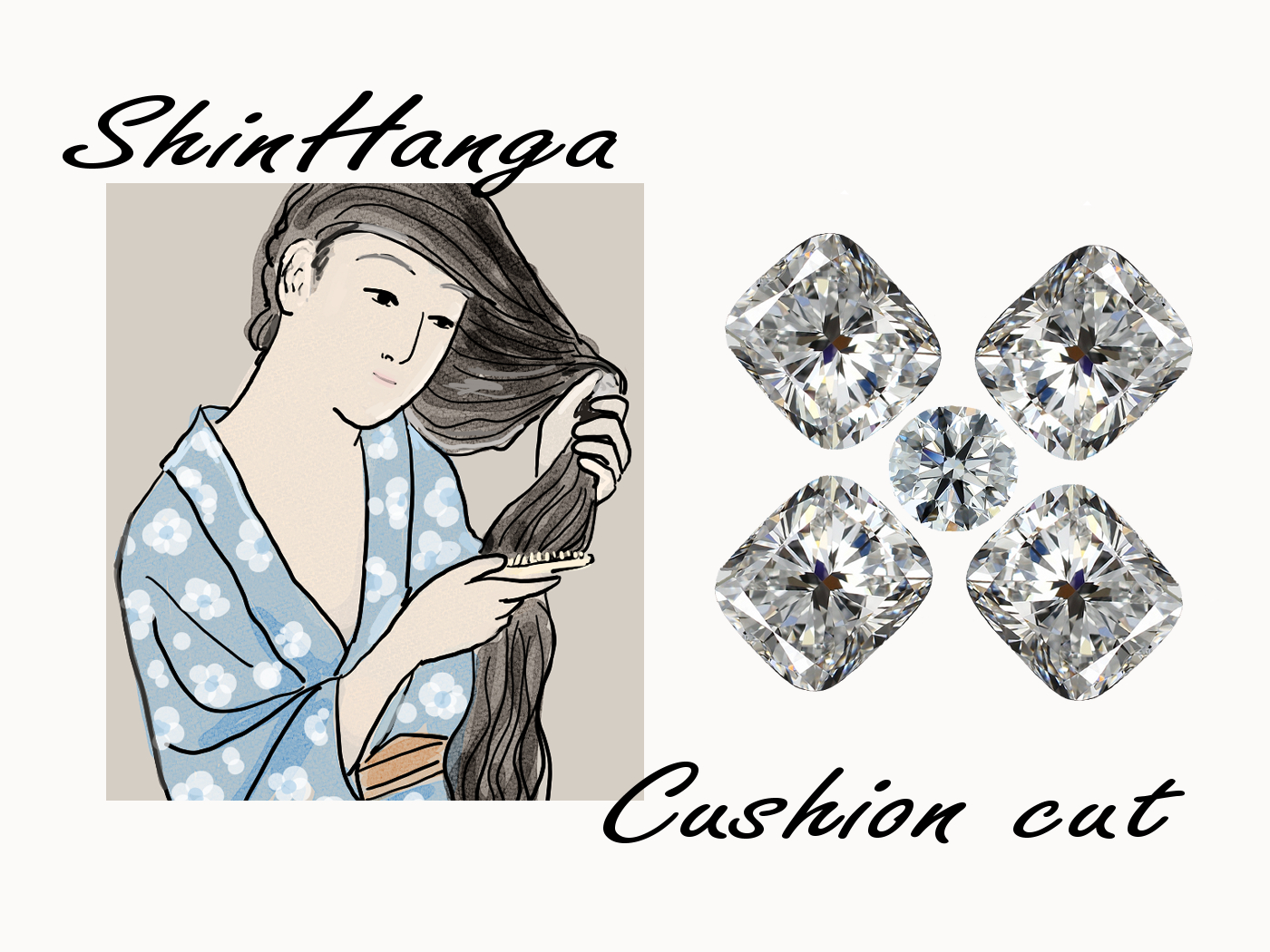 クッションカットのダイヤの写真と髪梳ける女のイラスト