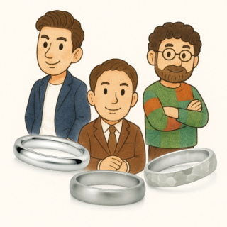 男性の結婚指輪の選び方を表現したイラスト。30代男性がそれぞれ異なるデザインの結婚指輪（鏡面・マット・槌目）を比較している。