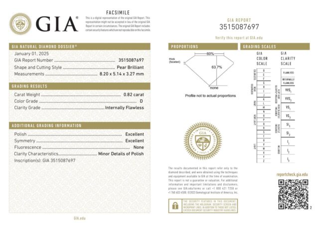 0.82カラットのペアシェイプダイヤモンドのGIA鑑定書。Dカラー・IFクラリティ・None（蛍光性なし）と評価された証明書。