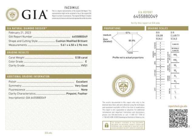 GIA鑑定書 0.58カラット クッションモディファイドブリリアントカット Eカラー VVS1のダイヤモンド。ポリッシュはExcellent、対称性はVery Good、蛍光性なし。
